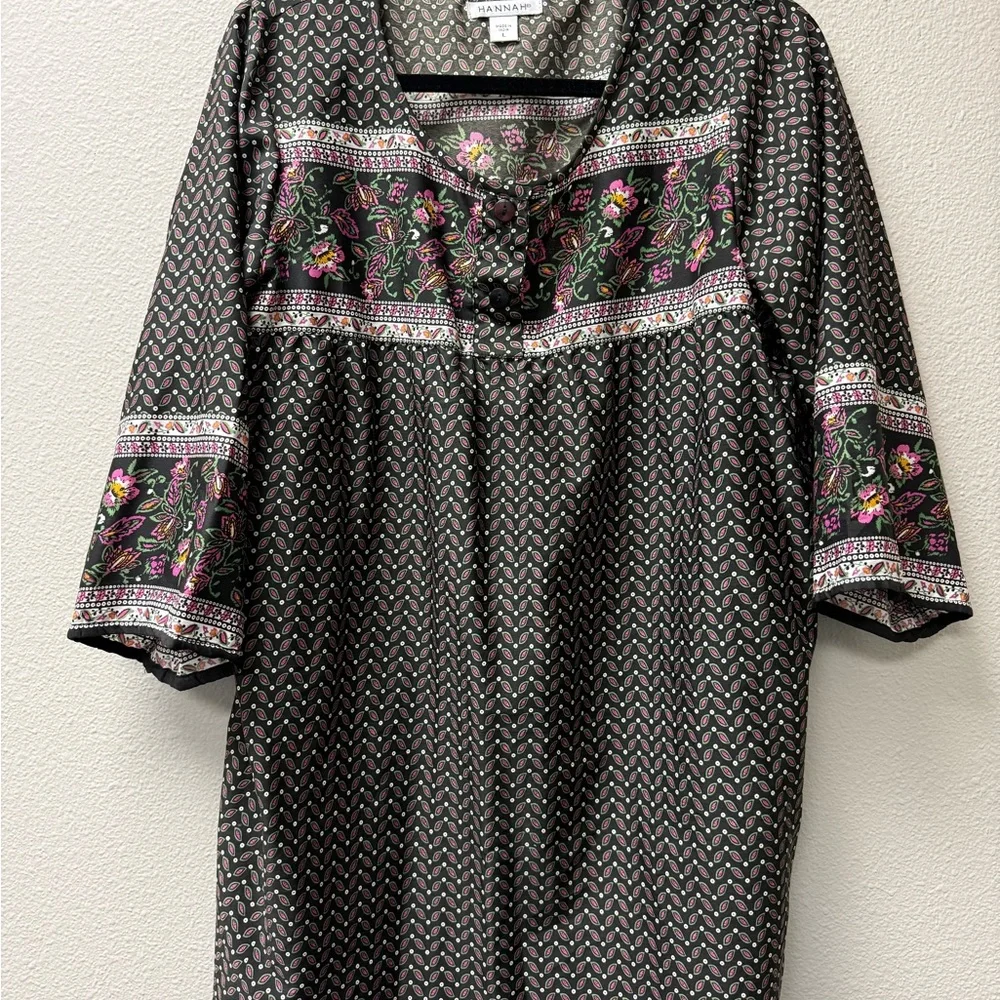 Hannah Boho Floral Paisley Blouse L Black Pink 3/4 Sleeve Top - Picture 2 of 9